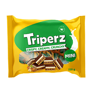 ویفر کاکائویی با کرم شیری فندقی با تکه‌های فندق و روکش شکلات شیری 220 گرمی تریپرز